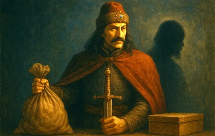 Vlad Tepeş’in karanlık bir odada bir elinde kesik başın gönderildiği çuvalı, diğer elinde kılıcıyla durduğu, arka planda gölgesinin belirgin göründüğü dramatik tarihi sahne.